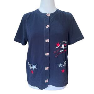 Onque Petite Patriotic Flag Stars Button Up Sweater Short Sleeve Red White Blue